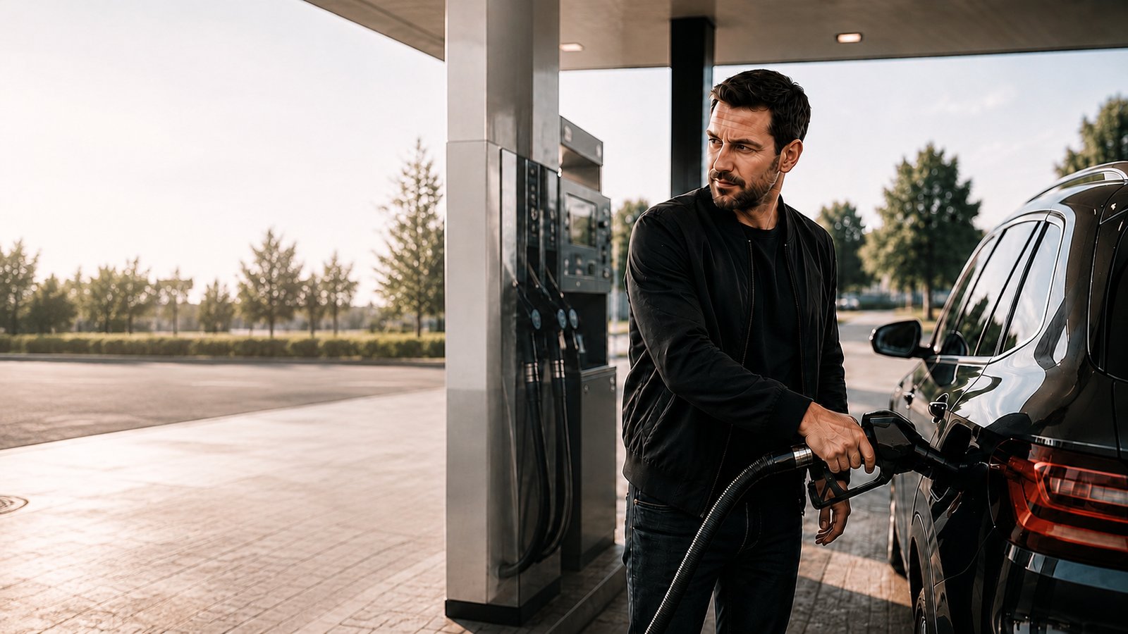 Mann tankt sein Auto an einer modernen Tankstelle